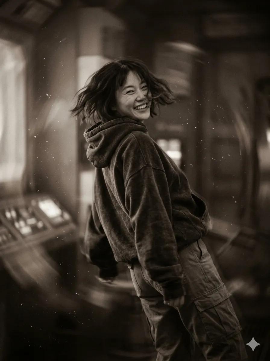 一张电影感 candid 人像：一位留着凌乱短波波头的亚洲女性在零重力中漂浮，转头朝向镜头，笑容灿烂，神情欢快无忧无虑。她的头发在脸庞周围自由飘动，形成柔和的失重动态。她穿着休闲的超大号连帽衫...