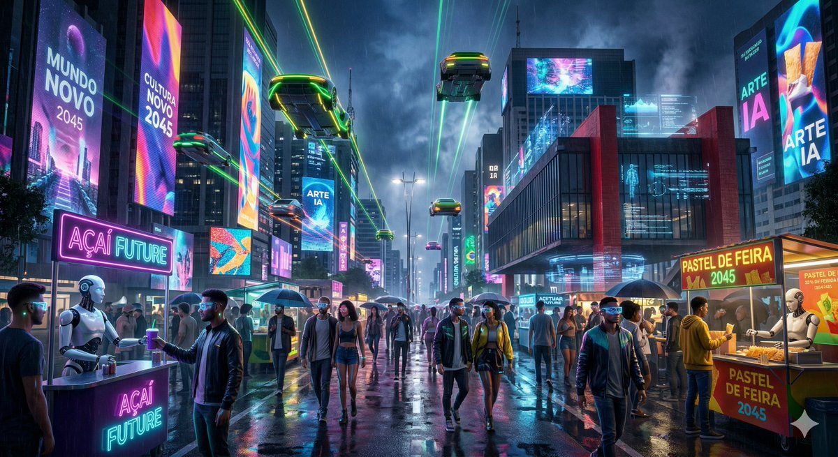 2045年夜晚保利斯塔大道的超写实景象,充满希望的巴西赛博朋克风格,摩天大楼带有全息LED外立面展示AI生成的艺术,电动飞行汽车配有绿黄色霓虹灯,多元化的群众戴着AR眼镜和微妙的神经植入物,人...