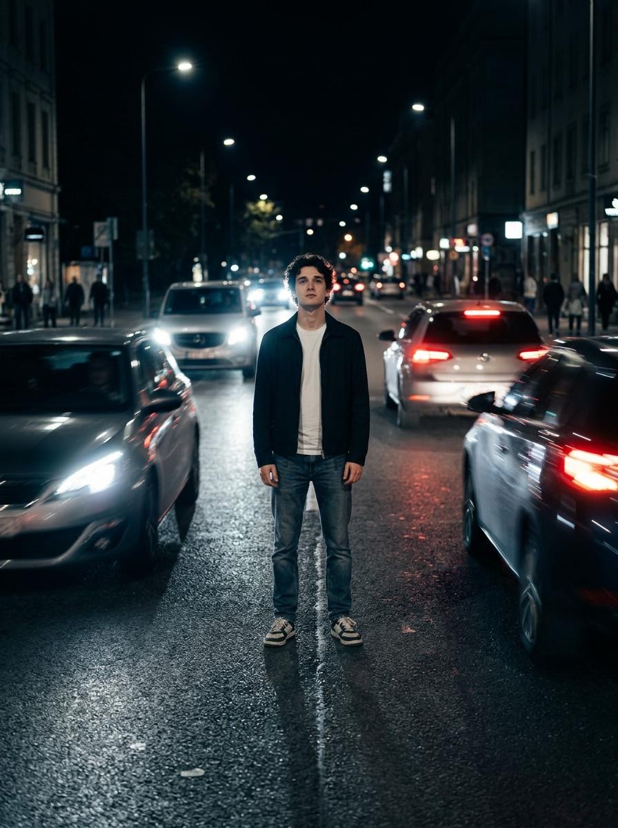 使用上传图像中的人脸，生成一张真实感的人物照片。人物站在夜晚的道路中央，神情平静而自信。两侧车辆高速驶过，在人物周围形成动态模糊和光轨。人物静止不动且清晰对焦，而周围的一切看起来都快速且充满动...