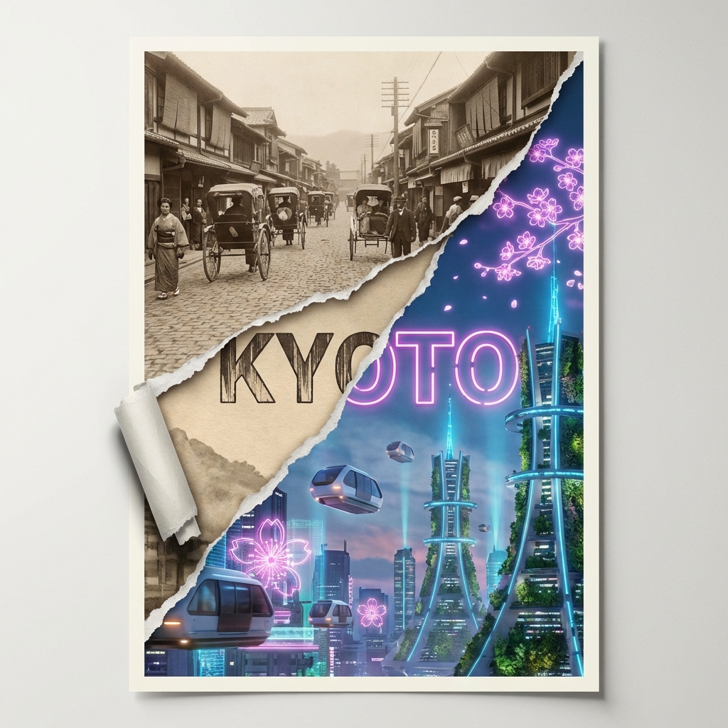 创作一张[2:3]比例的海报，画面中央呈对角线撕开，露出京都两个截然不同的时代。左上方的撕裂层呈现1920年代的京都，配以棕褐色调的街道、复古的人力车和传统的町屋建筑。右下方的显露层展现208...