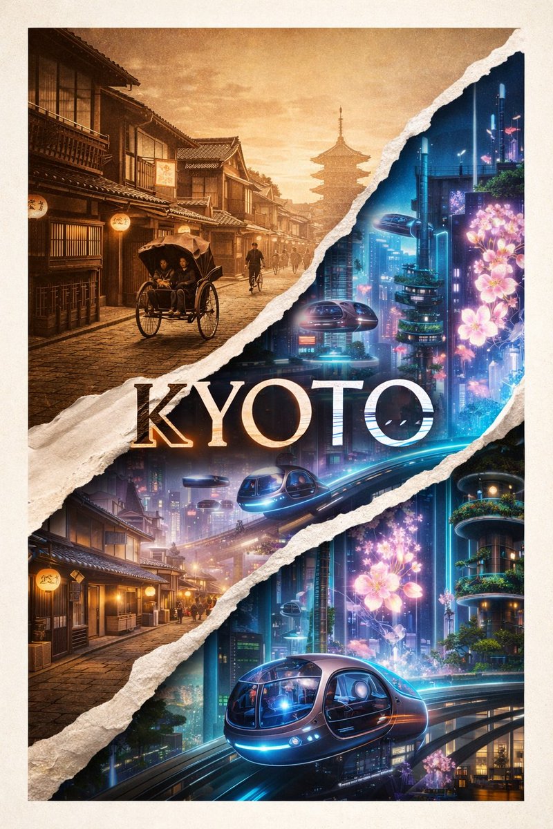 创作一张[2:3]比例的海报，画面中央呈对角线撕开，露出京都两个截然不同的时代。左上方的撕裂层呈现1920年代的京都，配以棕褐色调的街道、复古的人力车和传统的町屋建筑。右下方的显露层展现208...