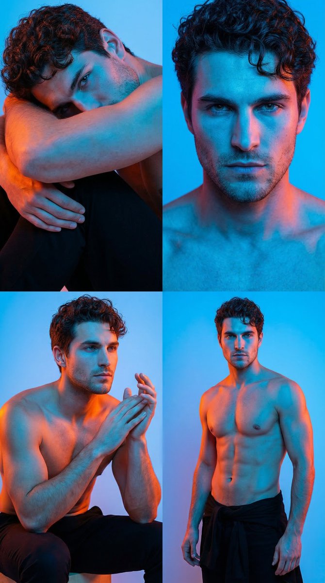 one man with highly consistent facial features across all four panels, dark curly hair with soft...