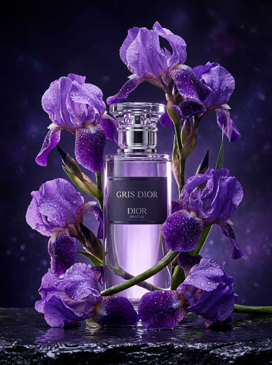 画面中央是一瓶奢华的"Gris Dior"香水,被盛开的紫色鸢尾花簇拥着。柔软的天鹅绒花瓣上点缀着晶莹的水珠,在玻璃瓶前后交织缠绕。https://t.co/thy7xyrw2c