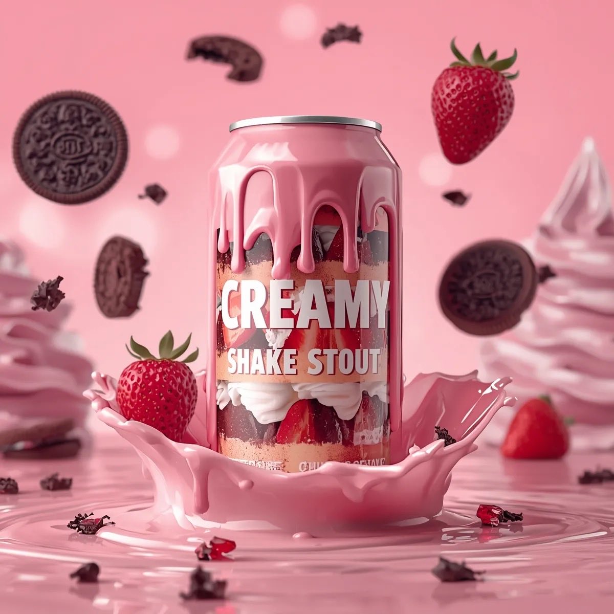 Gemini Nano Banana Pro Prompt 1： 一张超写实的粉色甜点主题饮料罐产品照，罐身标签为“Creamy Shake Stout”，覆盖着光泽流淌的草莓奶油。罐子周围是...