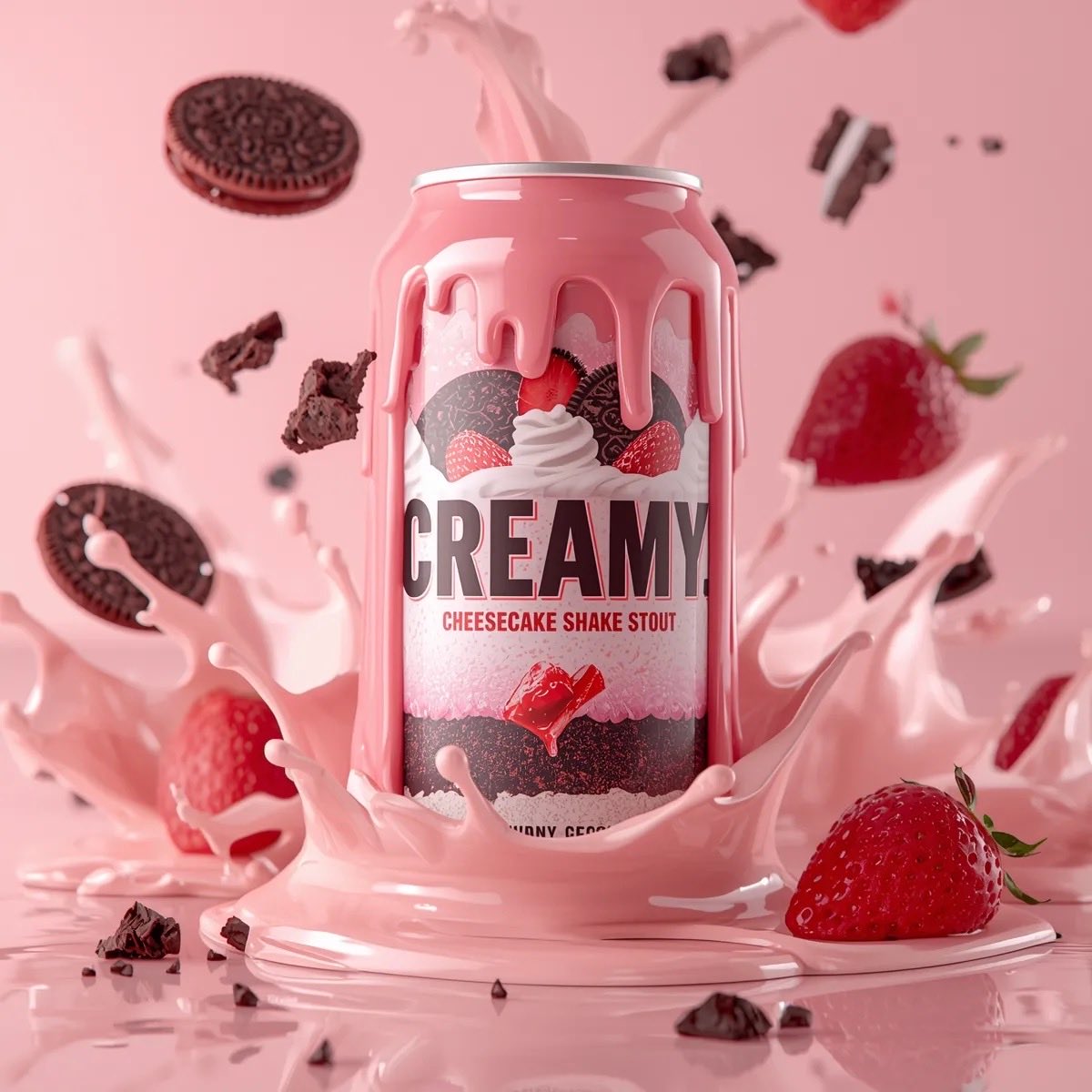 Gemini Nano Banana Pro Prompt 1： 一张超写实的粉色甜点主题饮料罐产品照，罐身标签为“Creamy Shake Stout”，覆盖着光泽流淌的草莓奶油。罐子周围是...