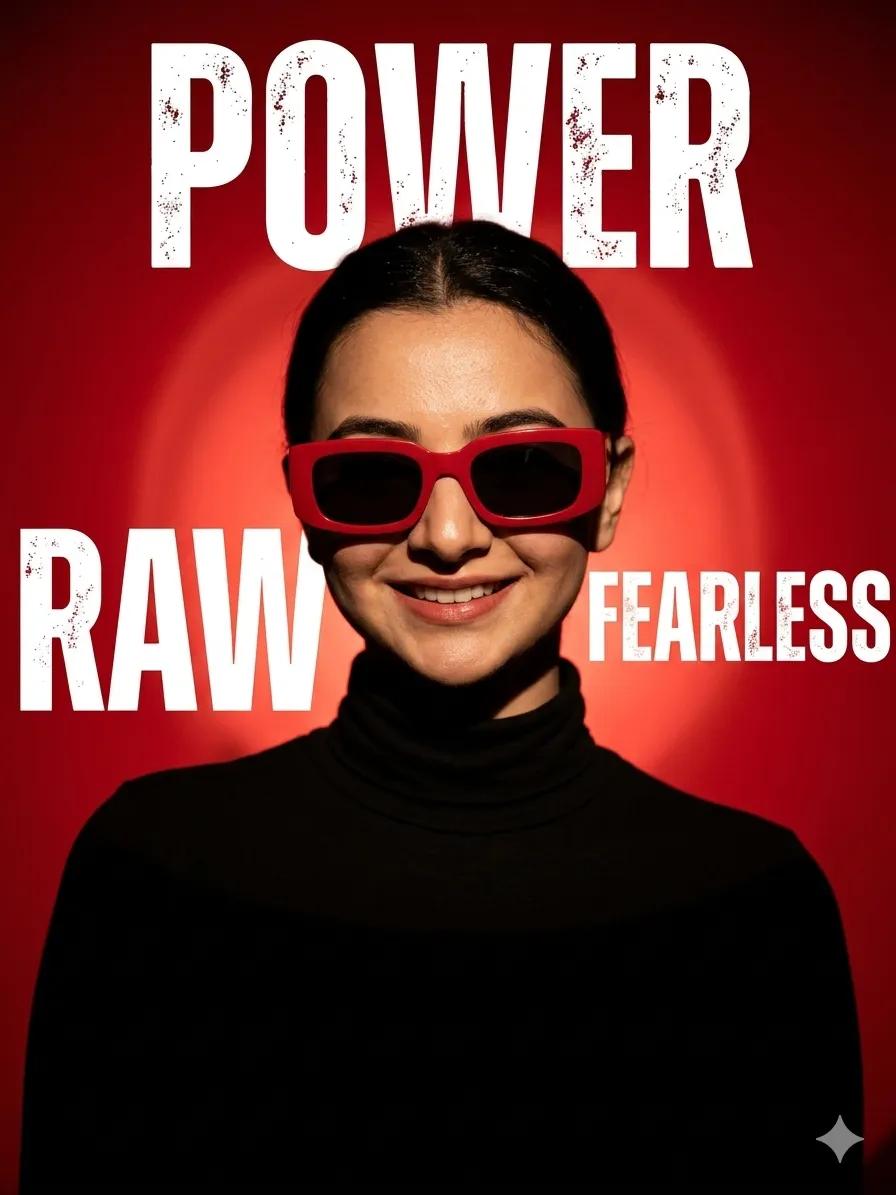 超写实工作室人像：一位自信的年轻女性，佩戴时尚橙色太阳镜，身穿黑色高领毛衣，居中构图，暖橙色渐变背景，柔和电影感光线，清晰面部细节，自然皮肤纹理，略带微笑，深色长波浪卷发，极简美学，现代品牌风...