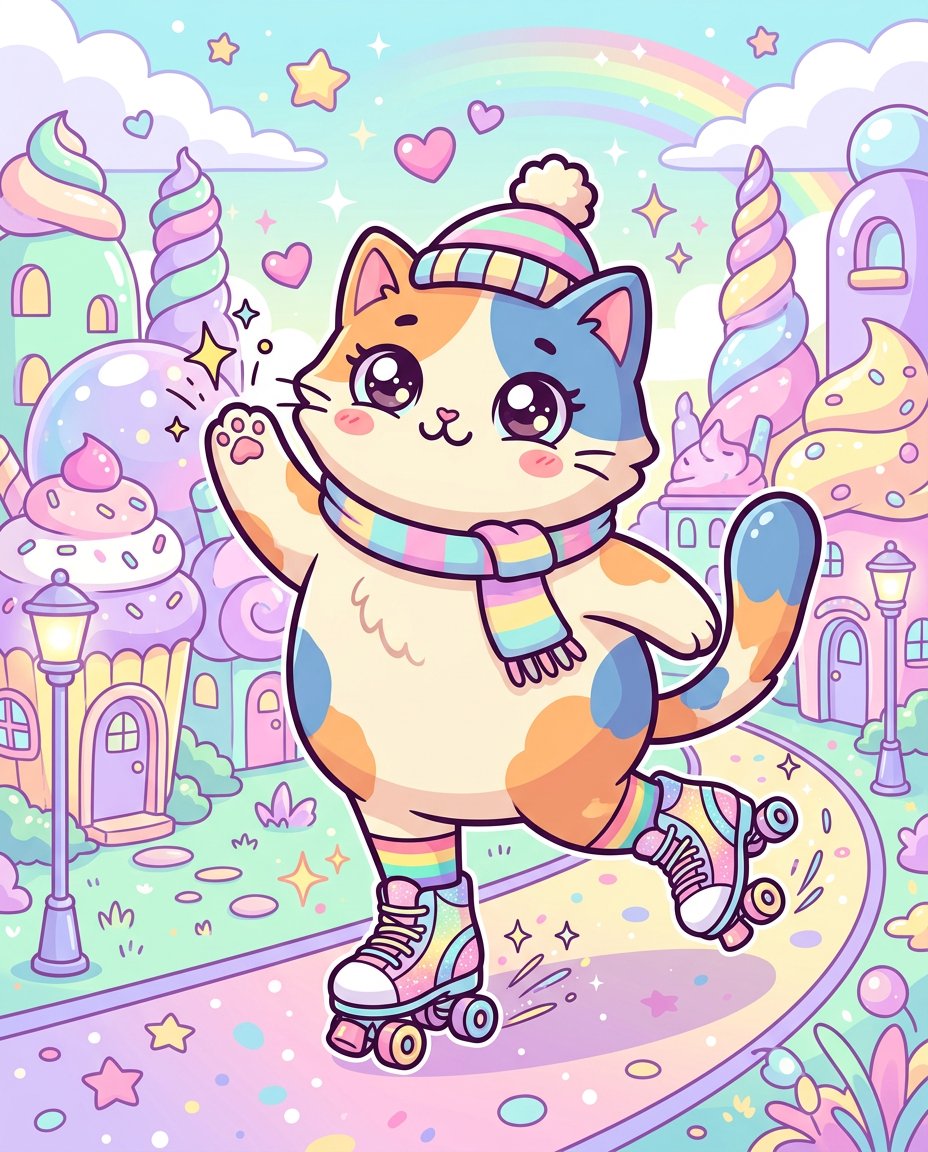 穿着旱冰鞋的猫，波普超现实主义卡哇伊插画风格，干净的矢量线条，鲜明的平涂色彩，超可爱且充满奇思妙想的氛围，全身人物位于画面中心，动态滑冰姿势，一只爪子抬起，超大号富有表现力的眼睛和小小的嘴巴，...