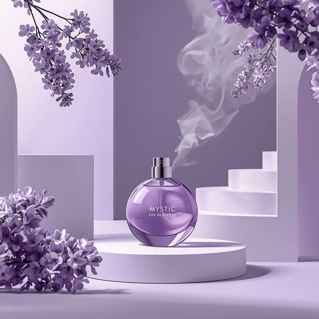超写实商业产品摄影：“Mystic Eau De Parfum”香水瓶，瓶内装有半透明紫色液体，圆形玻璃瓶居中放置在柔和的淡彩色表面上，金属瓶盖置于一旁，周围是简约建筑场景：光滑的薰衣草紫色与...