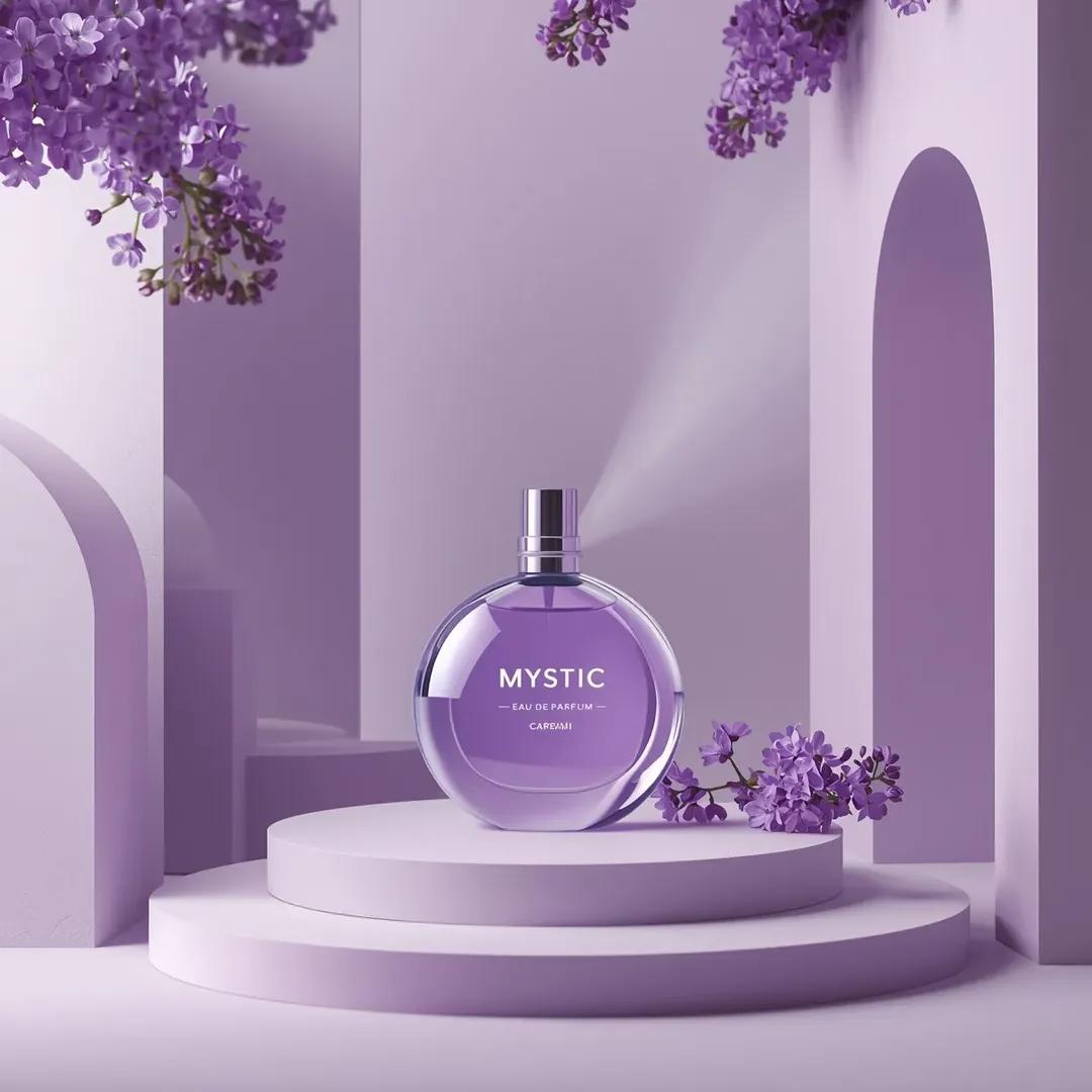 超写实商业产品摄影：“Mystic Eau De Parfum”香水瓶，瓶内装有半透明紫色液体，圆形玻璃瓶居中放置在柔和的淡彩色表面上，金属瓶盖置于一旁，周围是简约建筑场景：光滑的薰衣草紫色与...
