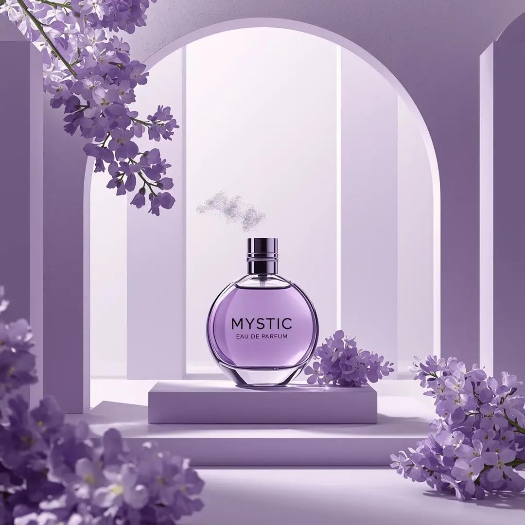 超写实商业产品摄影：“Mystic Eau De Parfum”香水瓶，瓶内装有半透明紫色液体，圆形玻璃瓶居中放置在柔和的淡彩色表面上，金属瓶盖置于一旁，周围是简约建筑场景：光滑的薰衣草紫色与...