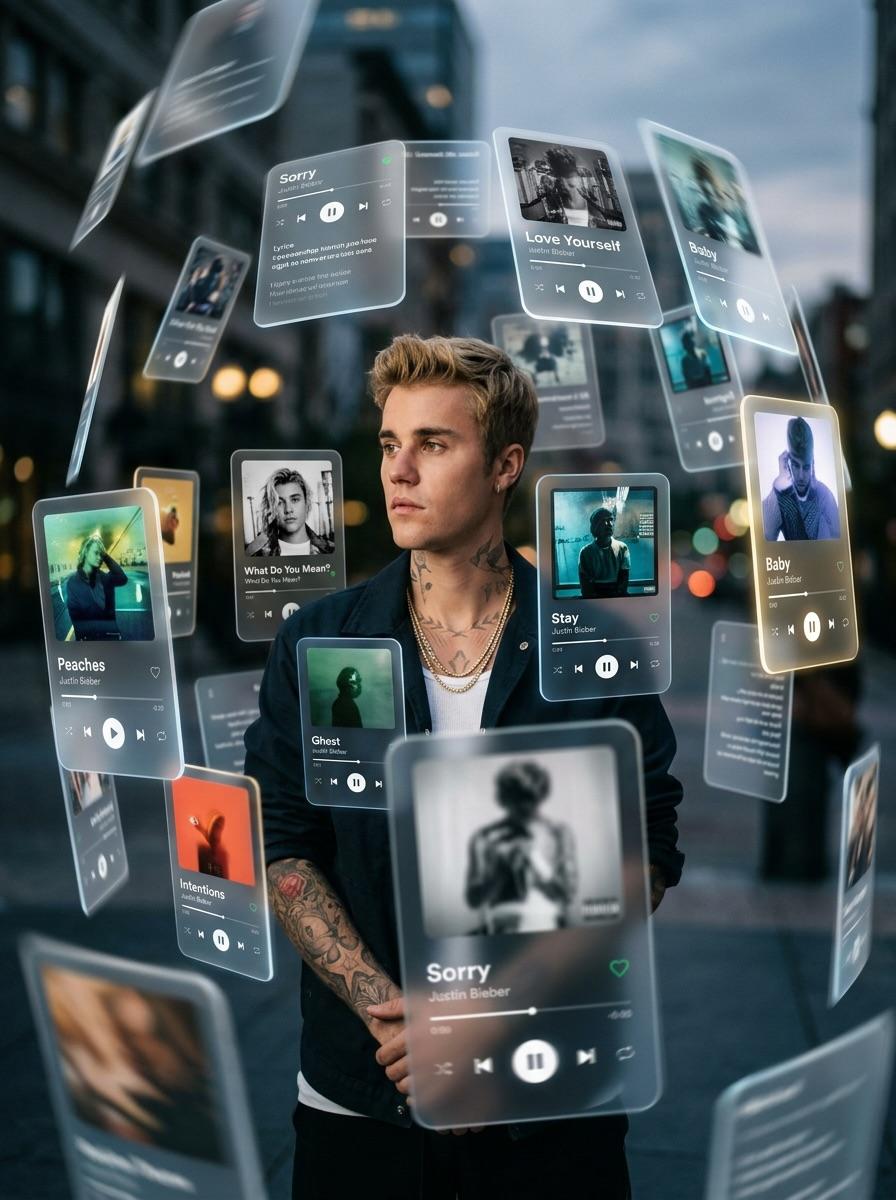 众多 3D Spotify 和 Apple Music 界面卡片以不同深度环绕 Drake 公转。 材质：半透明磨砂玻璃（玻璃拟态），边缘柔和圆润，并带有微妙的发光边框。 运动：部分卡片位于极...