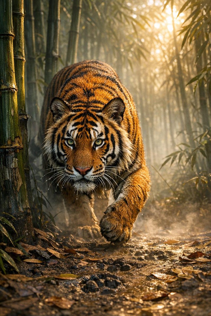 一张照片级真实感的图像：一只雄伟的孟加拉虎在印度孙德尔本斯黎明薄雾笼罩的竹林中悄然潜行，它那光滑的橙色皮毛上有着精致的黑色…更多内容请参阅替代文本 #aiart https://t.co/4r...