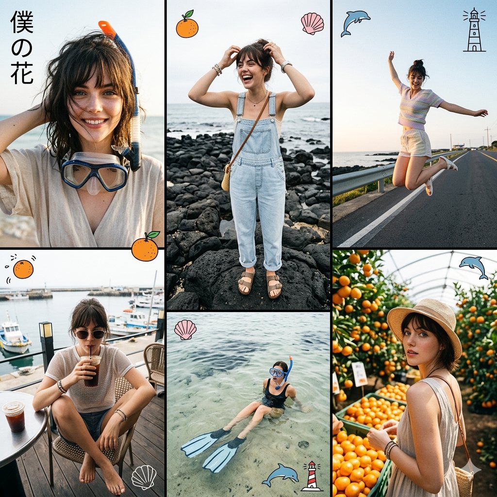 五个不对称编辑画面的拼贴,时尚画报对照表风格,不规则布局,画框尺寸各异,动态杂志构图 济州岛2026年夏季时尚编辑大片,面部参考,一位时尚的主角在不同画面中出现在韩国济州岛的自发旅行瞬间中 每...