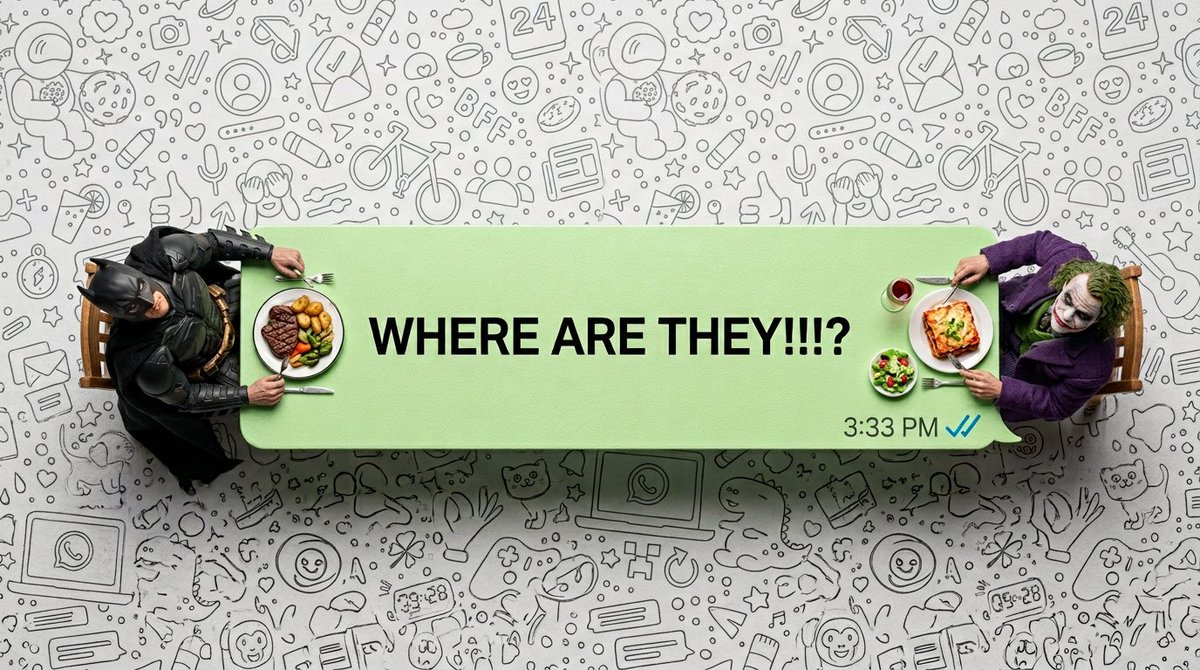 超现实的自上而下宏观摄影。一个细长的浅绿色 WhatsApp 对话气泡充当餐桌。两个真实的活人（缩小到微小比例）坐在两端。它们不是塑料人偶；它们有可见的…… > PHOTO: https...