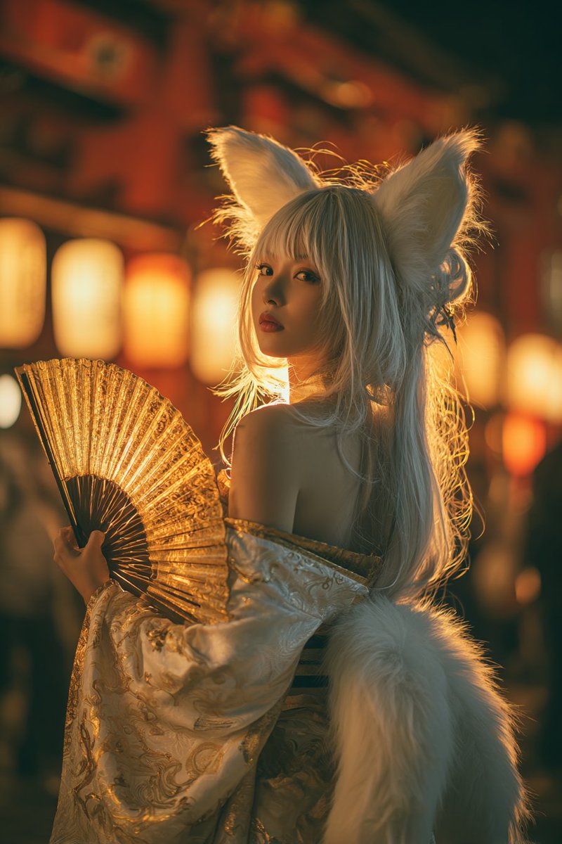 一位美丽的20多岁日本女性，长长的飘逸银白色头发带有金色高光，锐利的金色狐狸眼睛，苍白无瑕的皮肤，白色的狐狸耳朵和多条空灵的白色狐尾，表情神秘而诱人，身着精致的白色与金色和服，一侧肩膀微微露出...