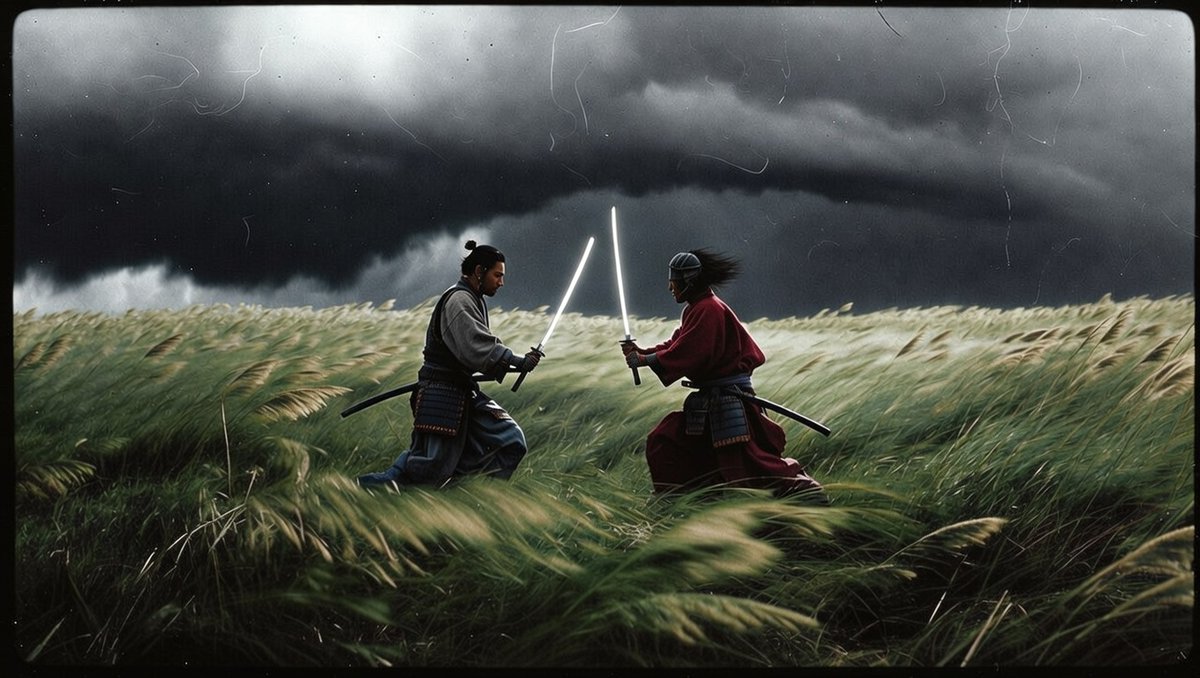 超高速动作场面。手持晃动的镜头跟随左侧的武士向前冲刺。运动模糊。刀剑相击，迸发出爆炸般的火花与紫色奥术闪电效果。冲击波将草地压平。碎片向镜头飞溅。高速快门。右侧的武士在黑色烟雾的模糊中瞬移出现...