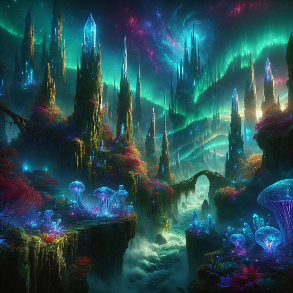一幅令人叹为观止的奇幻景观在暮色中徐徐展开，位于一座古老而充满魔法的山谷之中。那里高耸的水晶尖塔刺破由深靛蓝与翠绿极光交织而成的旋涡状天幕……更多内容请参阅替代文本 #aiart https:...