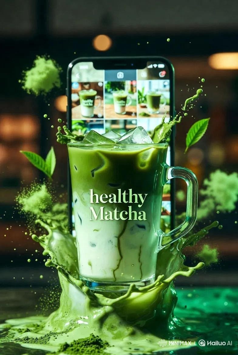 高端商业产品摄影：标注有"healthy Matcha"的冰抹茶拿铁，盛放在透明玻璃/塑料杯中，绵密牛奶与浓郁绿色抹茶交融，戏剧性的液体飞溅定格在空中，漂浮的冰块，饮品周围散落着抹茶粉颗粒和新...