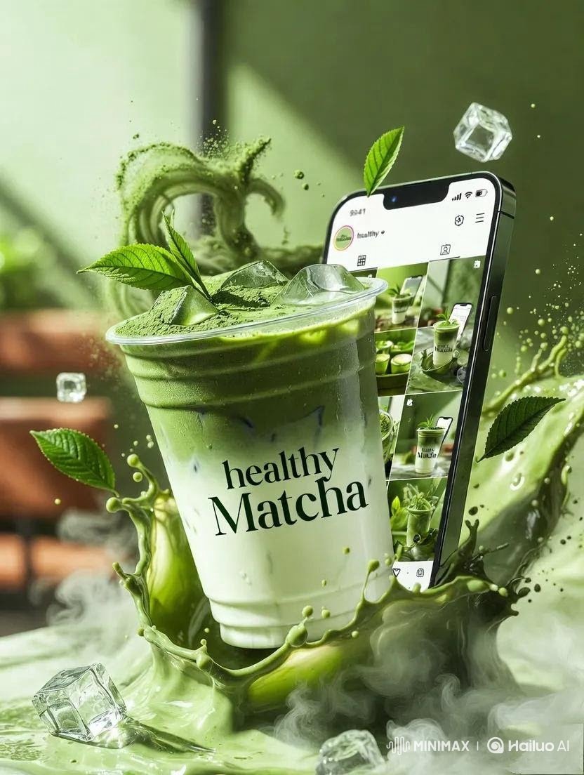 高端商业产品摄影：标注有"healthy Matcha"的冰抹茶拿铁，盛放在透明玻璃/塑料杯中，绵密牛奶与浓郁绿色抹茶交融，戏剧性的液体飞溅定格在空中，漂浮的冰块，饮品周围散落着抹茶粉颗粒和新...