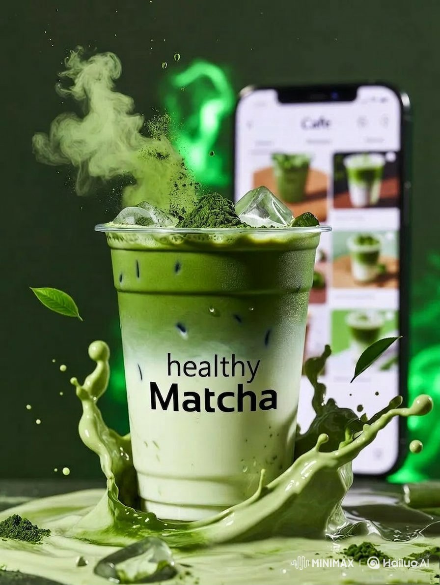 高端商业产品摄影：标注有"healthy Matcha"的冰抹茶拿铁，盛放在透明玻璃/塑料杯中，绵密牛奶与浓郁绿色抹茶交融，戏剧性的液体飞溅定格在空中，漂浮的冰块，饮品周围散落着抹茶粉颗粒和新...