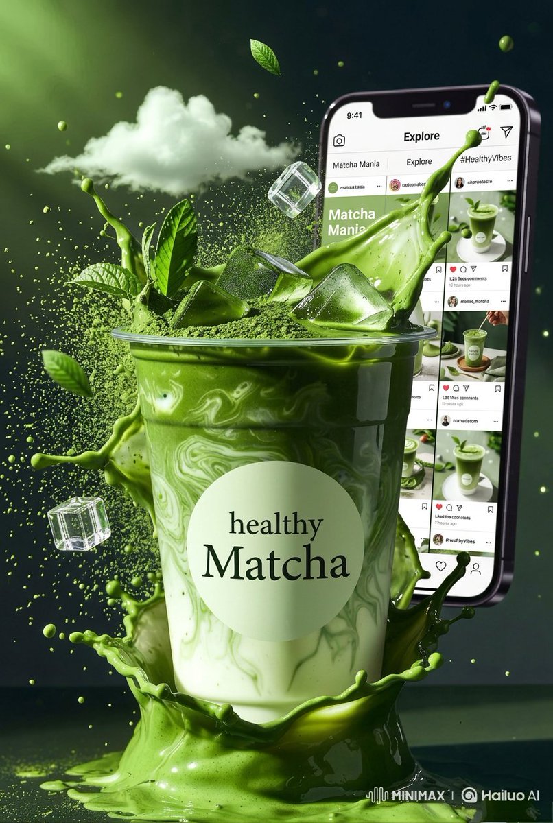 高端商业产品摄影：标注有"healthy Matcha"的冰抹茶拿铁，盛放在透明玻璃/塑料杯中，绵密牛奶与浓郁绿色抹茶交融，戏剧性的液体飞溅定格在空中，漂浮的冰块，饮品周围散落着抹茶粉颗粒和新...