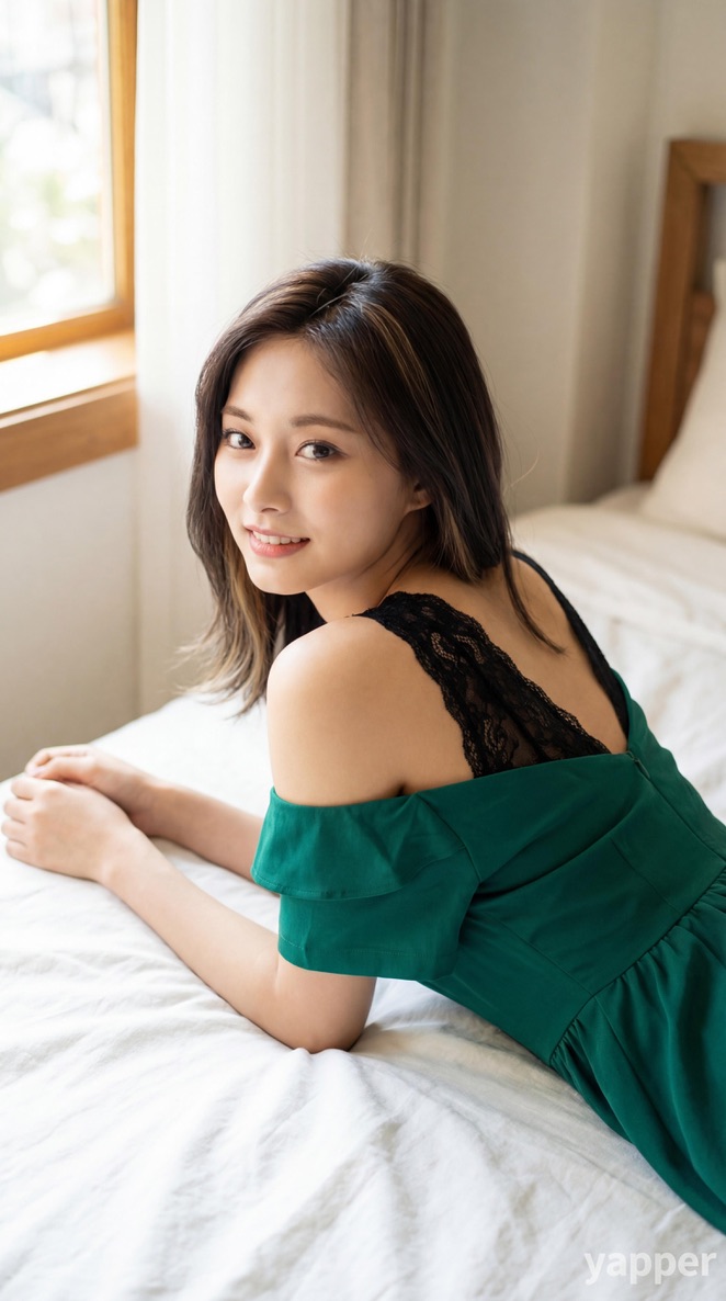 明亮灯光和绿色连衣裙 周子瑜，TWICE Nano Banana Pro 通过 @yapper_so { "prompt": "TWICE的周子瑜，年轻美丽的亚洲女性，20-22岁，大大的杏仁...