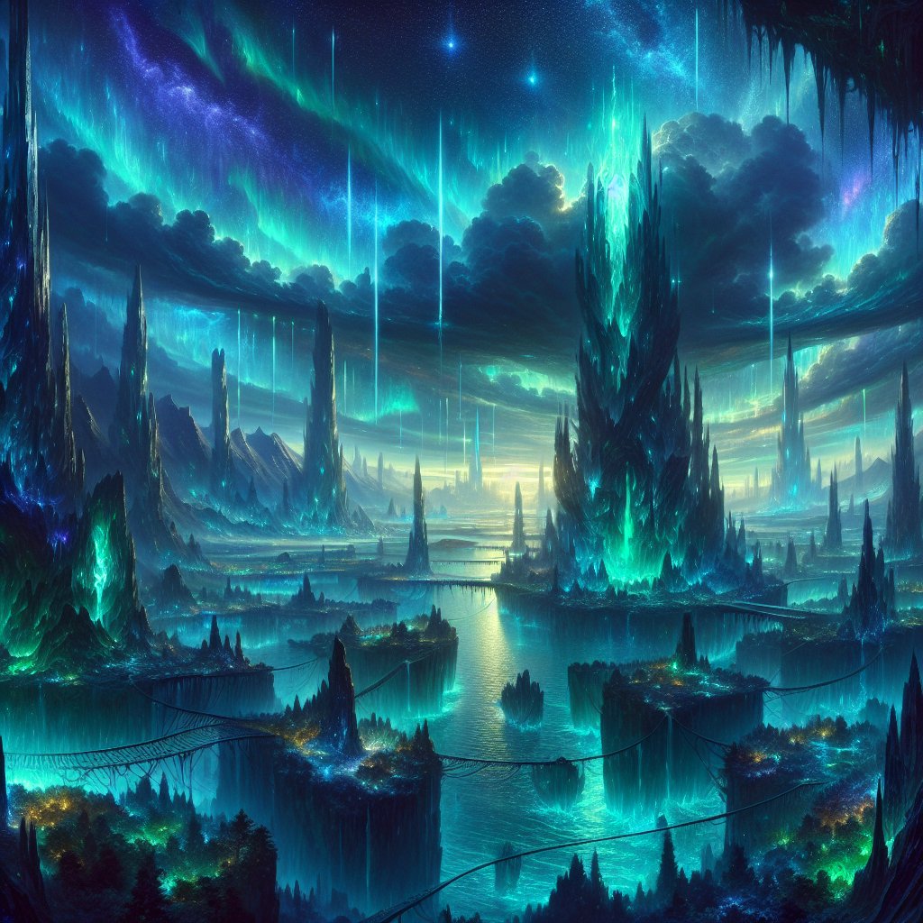 一片广袤空灵的奇幻景观在黄昏时分展开，高耸的水晶尖塔刺破深靛蓝与翡翠绿交织的极光闪耀的旋涡天空，古老的生物发光……更多内容请参阅替代文本 #ai艺术 https://t.co/7IKtEhsj...