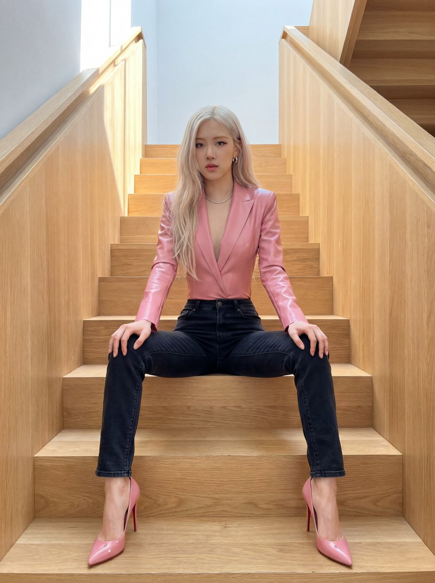 照片级真实感肖像，K-pop偶像Rosé，留着长长的铂金金色头发，坐在现代木质楼梯上。她身穿粉色乳胶深V西装连体衣，脚踩红色鞋底的亮粉色细高跟鞋。对称姿势，双腿分开。--ar 3:4 "sub...