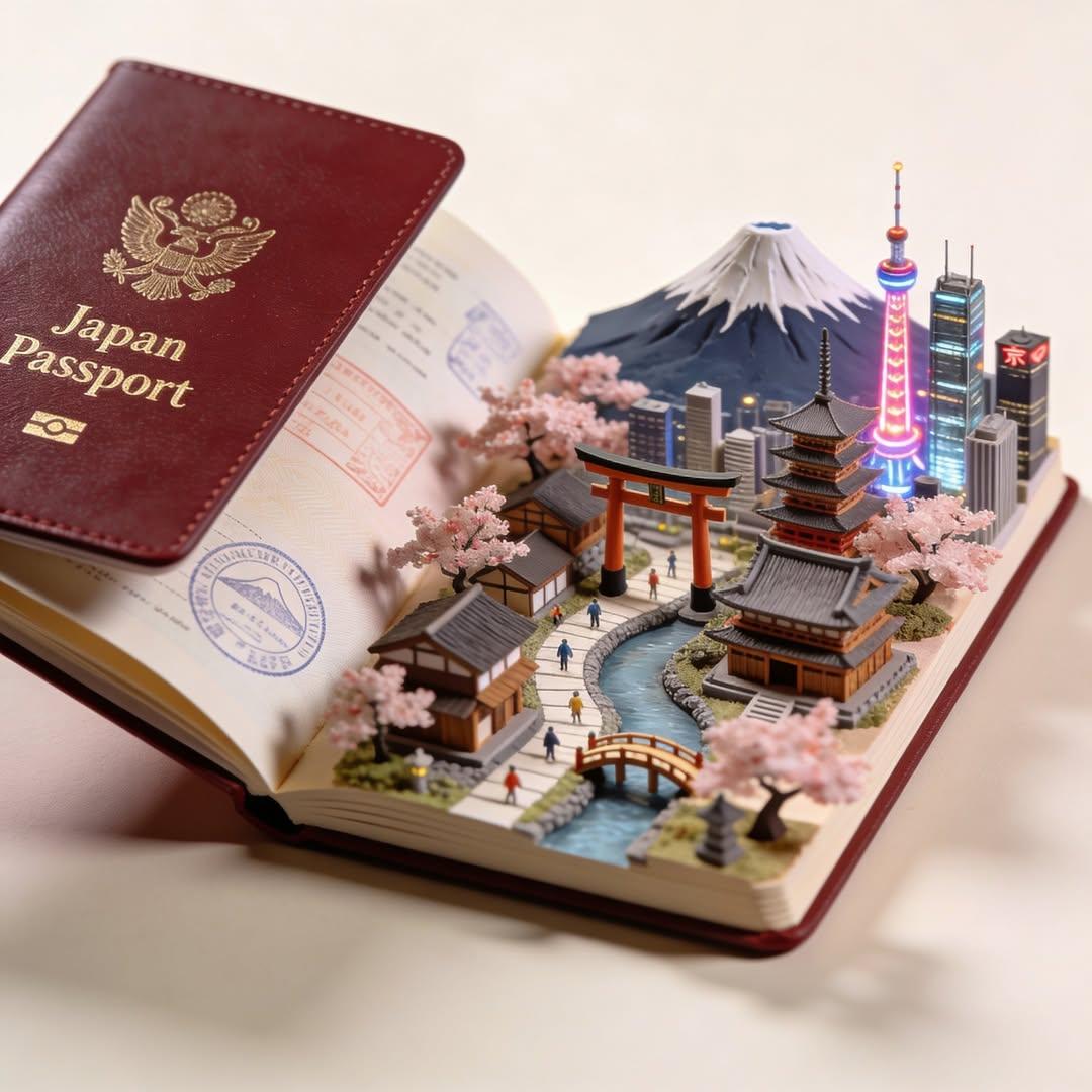 创意旅行概念：一本翻开的护照化作一个微型3D世界，精致的立体模型从书页中浮现，包含标志性建筑与风景（寺庙、塔楼、桥梁、山脉、海滩），微小的人沿着小径行走，逼真的纹理与层次感，柔和的影棚灯光，浅...