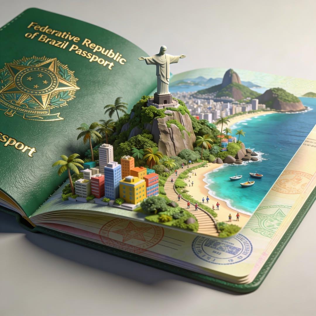 创意旅行概念：一本翻开的护照化作一个微型3D世界，精致的立体模型从书页中浮现，包含标志性建筑与风景（寺庙、塔楼、桥梁、山脉、海滩），微小的人沿着小径行走，逼真的纹理与层次感，柔和的影棚灯光，浅...