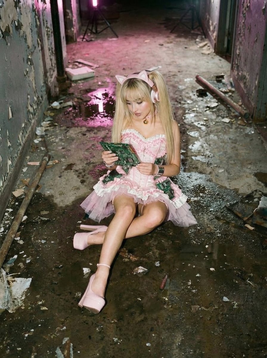 Young woman with a strong resemblance to Sabrina Carpenter., Long straight twin-tails with blunt...