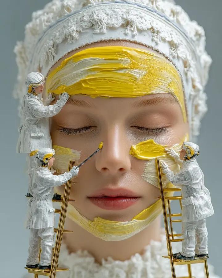 "超现实主义超写实美妆概念图像：一位女性的面部特写，双眼紧闭，肌肤光滑无瑕，头戴质感白色头巾。身着白色防护服的微型人类工人正使用刷子和工具在她脸上涂抹厚厚的黄白相间面膜。部分工人站在小梯子上为...