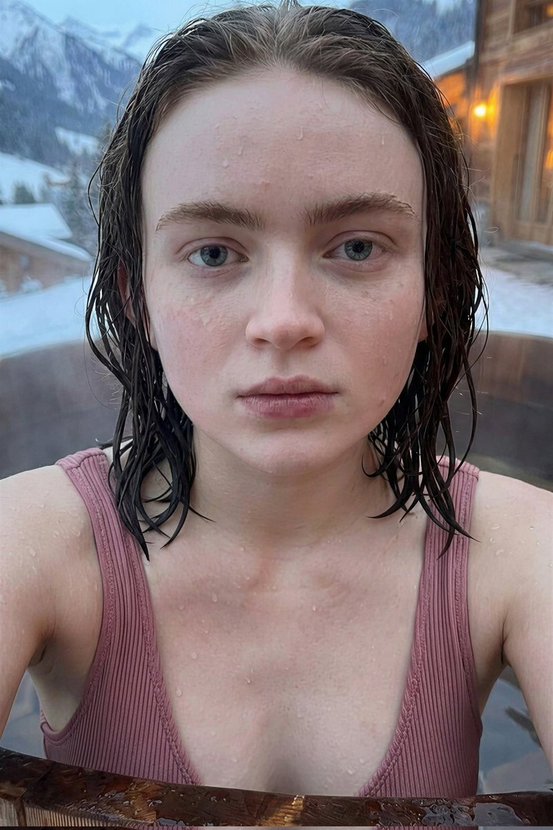 照片级写实风格，随意手机自拍，高分辨率，自然质感。, 一位年轻女性，皮肤苍白，有雀斑，浅蓝色眼睛，深棕色湿发齐肩。, 在圆形质朴的木制热水浴桶内。背景是高山雪地冬日景观，有被雪覆盖的松树、群山...