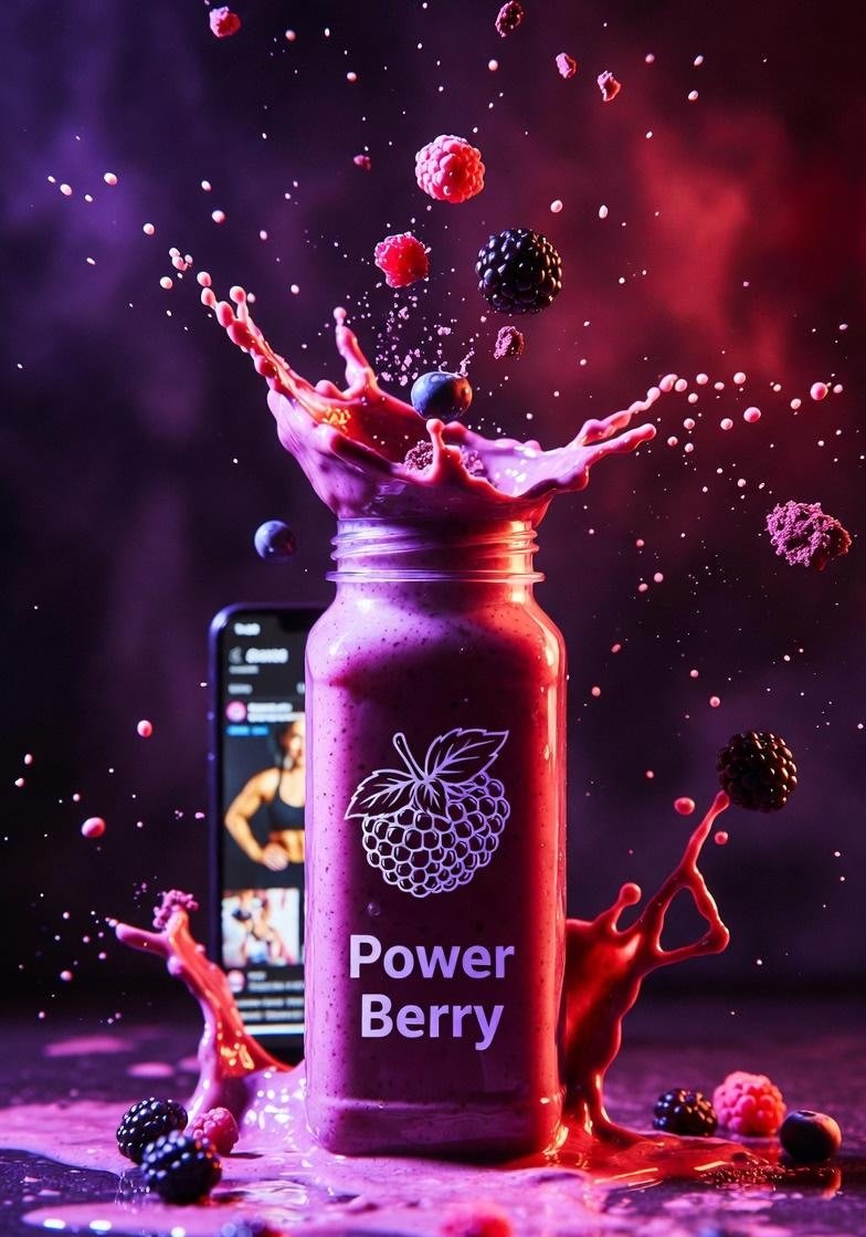 高能量产品摄影：一杯色彩鲜艳的莓果冰沙，盛于贴有 “Power Berry”（能量莓果）标签的玻璃罐中，动感飞溅迸发，周围悬浮着空中的覆盆子、蓝莓和黑莓，浓稠丝滑的液体向上爆裂四溢，紫红调戏剧...