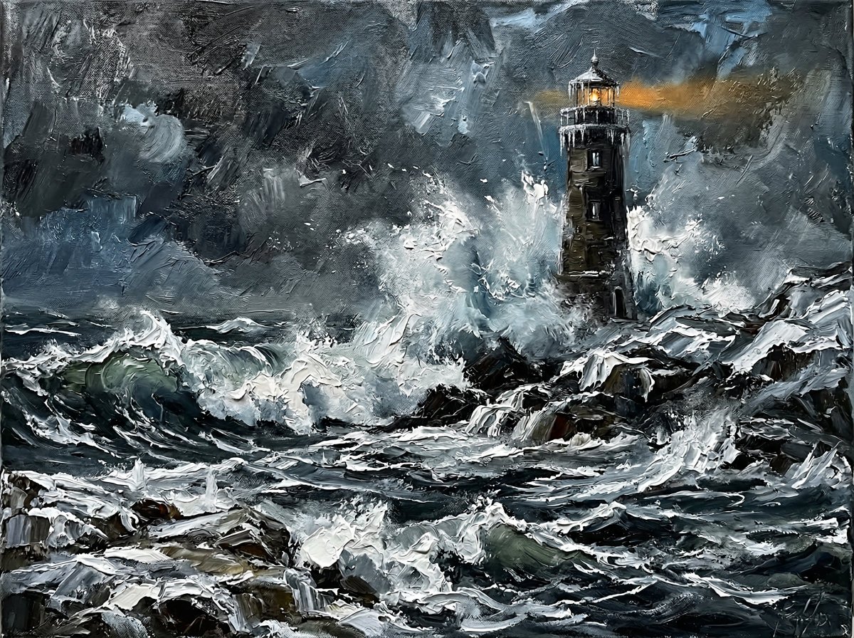 厚重浓烈的厚涂法油画，可见强烈而戏剧性的笔触，描绘了严冬深处一座孤零零的灯塔，遭受巨浪猛烈冲击，海浪在灯塔底部炸裂翻腾、绕塔盘旋而上，冰冷的浪花悬于空中，头上是黑暗的风暴天空，冷峻的柔和色调中...