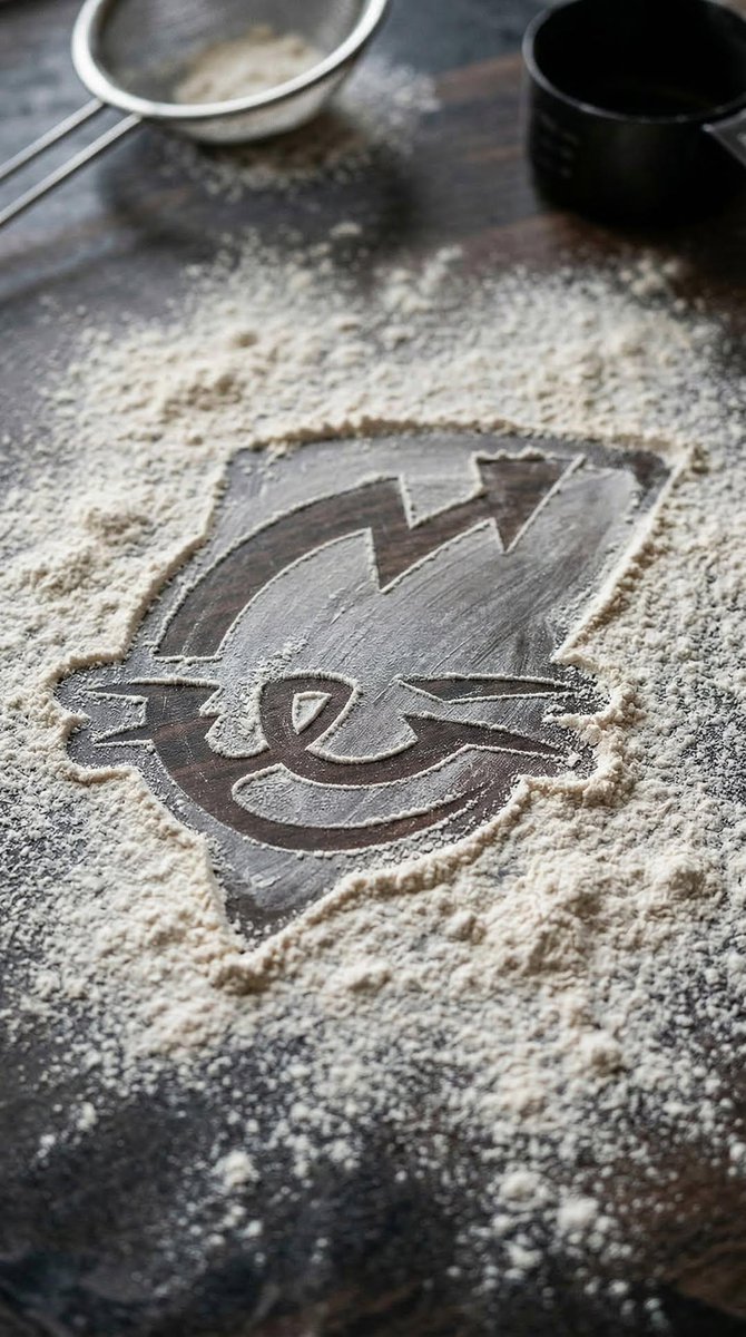 Logo Flour Dust Kitchen Surface, Hyper-real macro photography with natural human interaction rea...