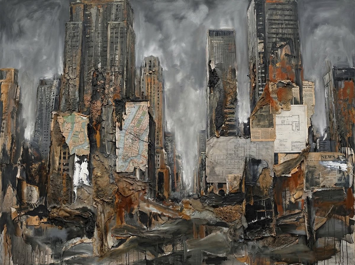 抽象的纽约市摩天大楼，以安塞姆·基弗（Anselm Kiefer）的艺术风格呈现为一座宏伟、风化的城市景观，高耸的粗野主义高层建筑消融于质感厚重的厚涂层之中，焦黑与龟裂的表面，柔和的灰色与赭色...