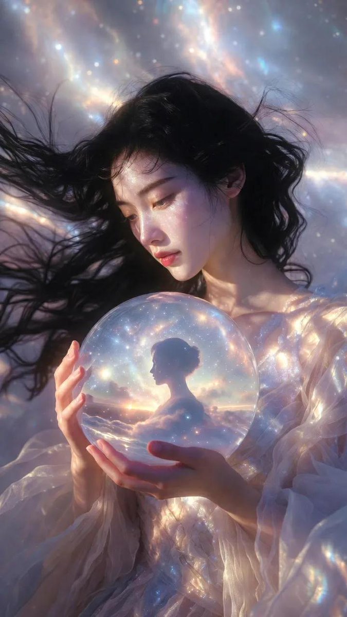 一部电影感的竖版时尚编辑大片人像（9:16），画面中是一位美丽的女性，长长的飘逸黑色长发，柔和波浪状，仿佛悬浮在轻柔的微风中般轻盈飘动。 她身着一袭空灵的高定长裙，色调为柔和的象牙白、淡香槟色...