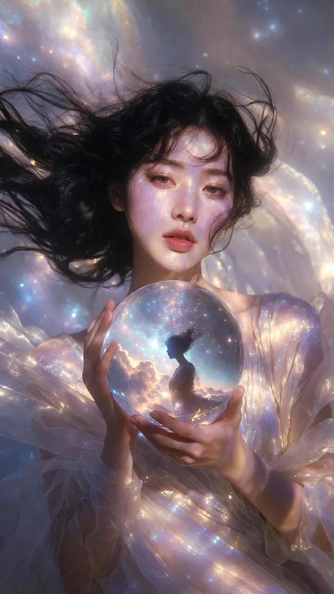 一部电影感的竖版时尚编辑大片人像（9:16），画面中是一位美丽的女性，长长的飘逸黑色长发，柔和波浪状，仿佛悬浮在轻柔的微风中般轻盈飘动。 她身着一袭空灵的高定长裙，色调为柔和的象牙白、淡香槟色...