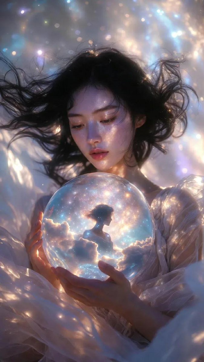 一部电影感的竖版时尚编辑大片人像（9:16），画面中是一位美丽的女性，长长的飘逸黑色长发，柔和波浪状，仿佛悬浮在轻柔的微风中般轻盈飘动。 她身着一袭空灵的高定长裙，色调为柔和的象牙白、淡香槟色...