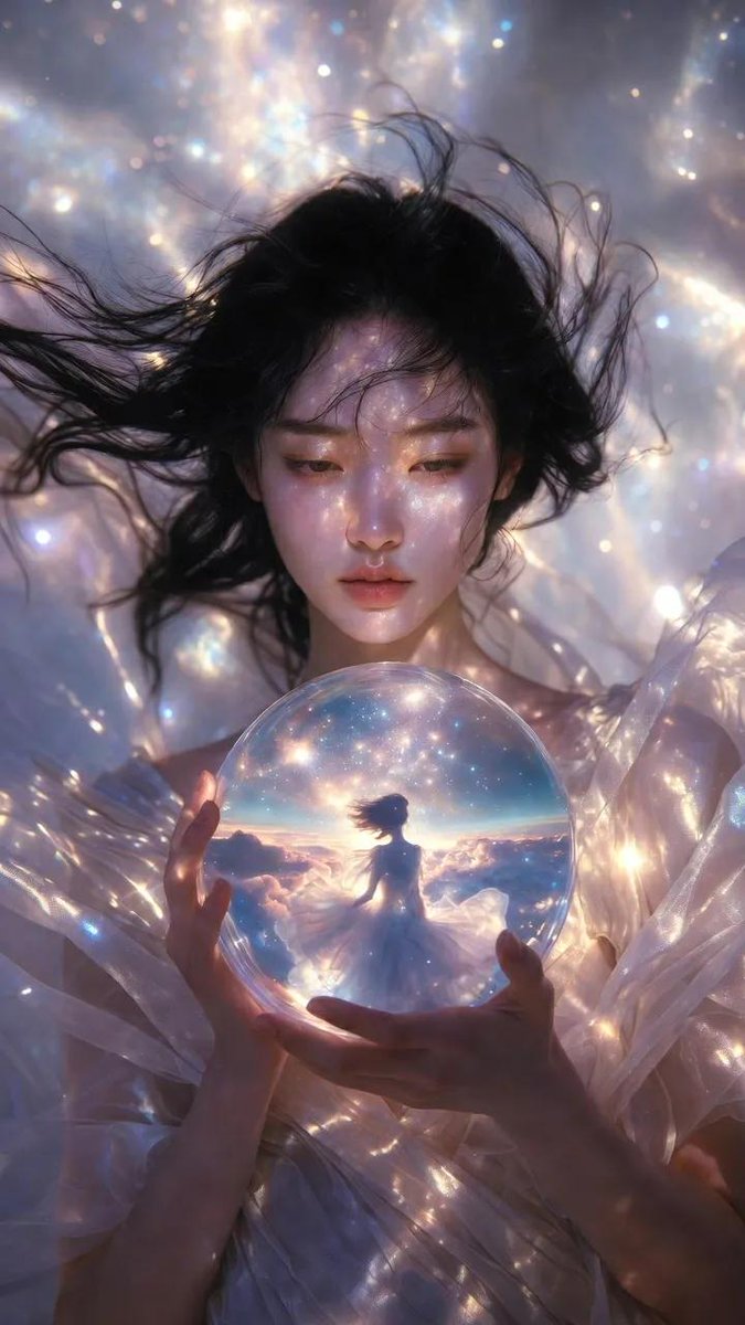 一部电影感的竖版时尚编辑大片人像（9:16），画面中是一位美丽的女性，长长的飘逸黑色长发，柔和波浪状，仿佛悬浮在轻柔的微风中般轻盈飘动。 她身着一袭空灵的高定长裙，色调为柔和的象牙白、淡香槟色...
