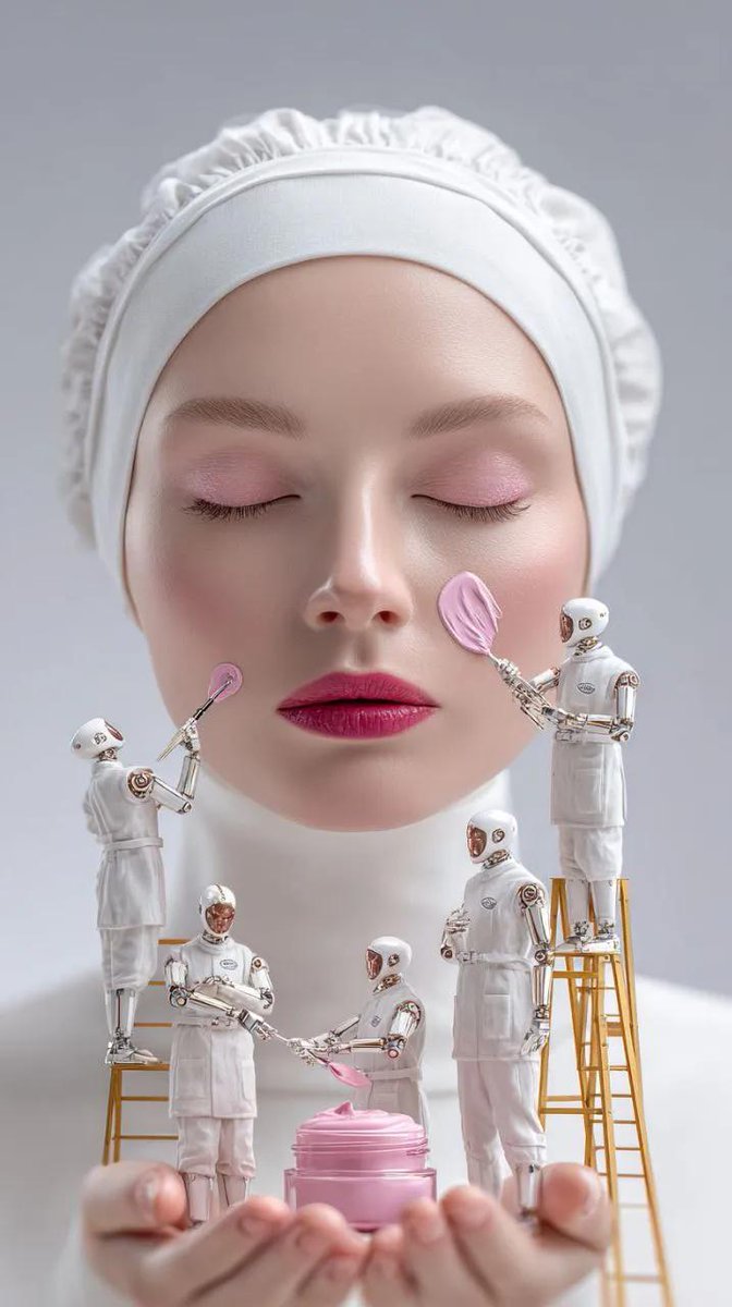 { "极简影棚环境中女性面部的超写实美妆概念图像,双眼紧闭,肌肤光滑无瑕,头戴白色头巾。微小的未来感人形机器人身穿洁净的白色制服,正用刷子和工具仔细地将粉色护肤霜涂抹到她的脸上。一些机器人站在...