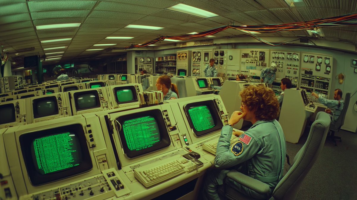 [一座公共图书馆被重新构想为1982年的美国国家航空航天局（NASA）指挥中心，一排排带有绿色荧光文本的CRT（阴极射线管）终端取代了卡片目录，穿连体工装的图书管理员正在监测壁挂式模拟仪表，裸...