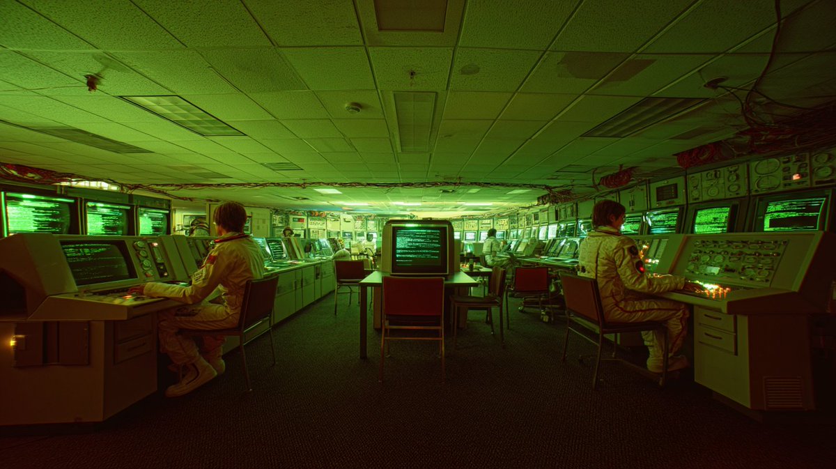 [一座公共图书馆被重新构想为1982年的美国国家航空航天局（NASA）指挥中心，一排排带有绿色荧光文本的CRT（阴极射线管）终端取代了卡片目录，穿连体工装的图书管理员正在监测壁挂式模拟仪表，裸...
