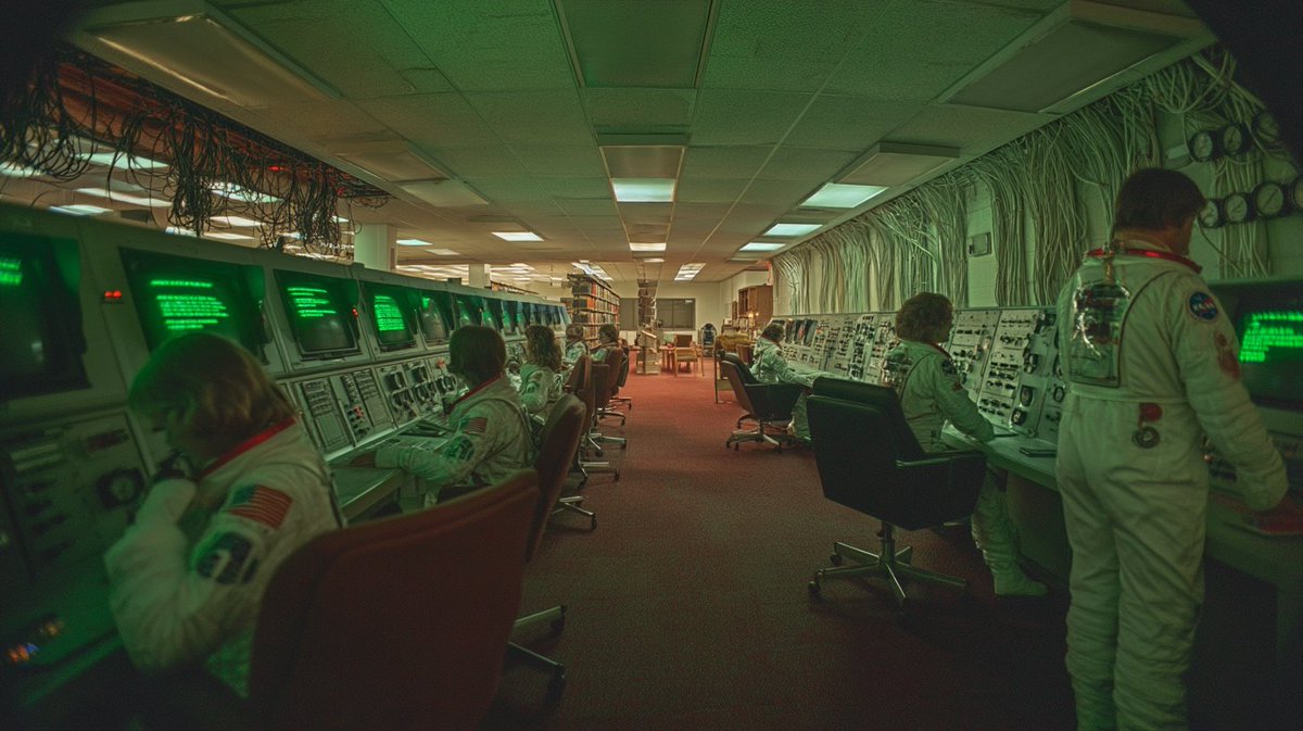 [一座公共图书馆被重新构想为1982年的美国国家航空航天局（NASA）指挥中心，一排排带有绿色荧光文本的CRT（阴极射线管）终端取代了卡片目录，穿连体工装的图书管理员正在监测壁挂式模拟仪表，裸...