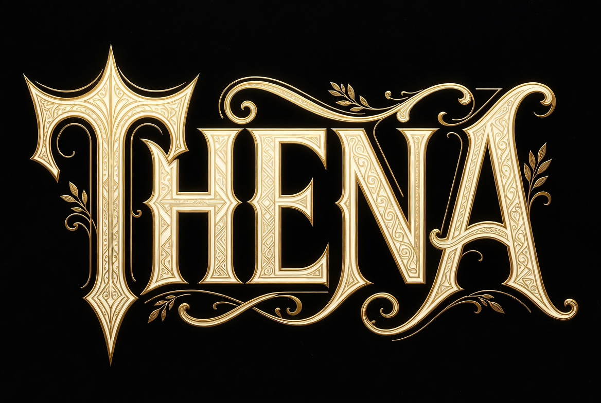 基于单词“THENA”创建装饰性字体，能够唤起该单词的$THE意象和联想。"