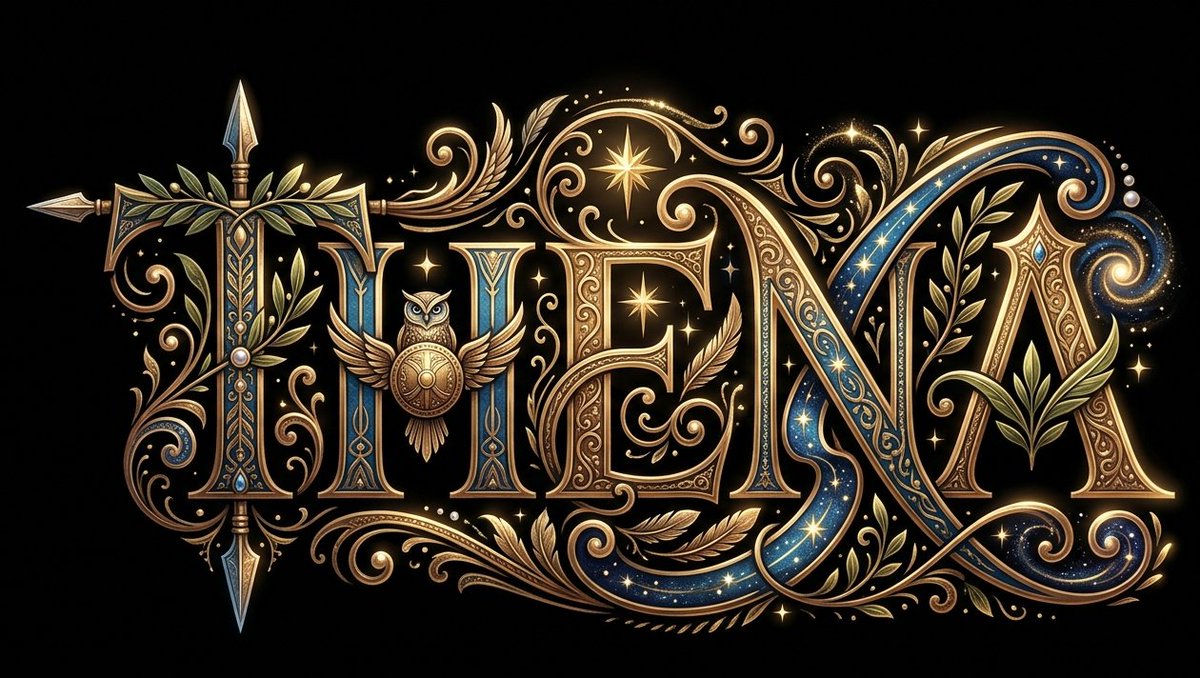 基于单词“THENA”创建装饰性字体，能够唤起该单词的$THE意象和联想。"