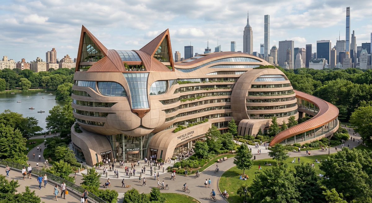 设计一座外形像（一只猫）的标志性建筑的逼真效果图。建筑结构应清晰地呈现出（一只猫）的形态，融入建筑设计之中，同时仍作为一栋真实的商业建筑使用。位于（城市中的一座公园内，具有周边的城市环境、行人...