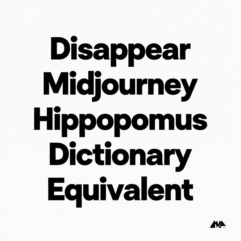 请求一个干净、具体、多样的单词列表（Disappear、Midjourney、Hippopomus、Dictionary、Equivalent）。 左侧（V8）：概念执行完美无瑕。文字完美，字...