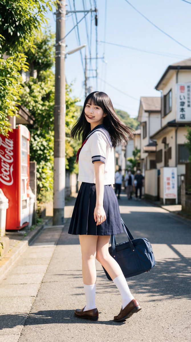 【角色】：19岁中国顶级JK少女，甜美外表中透着清纯又撩人的魅力，深棕色大眼睛，白皙通透的肌肤，深黑色顺滑姬发式长发在风中飘动。【服装】：经典日本藏青色百褶水手服裙，白色短袖水手衫搭配红色领结...